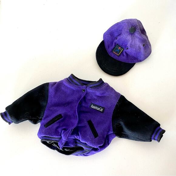 AMERICAN GIRL DOLL Today Jacket Cap Baseball Hat Varsity Purple Black Outfit Set - Picture 1 of 8